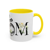 White Lotus M'Om Accent Mug – Om Symbol with Hand-Drawn Lotus Flowers and Custom Abstract Himalayan Pattern Designs