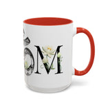 White Lotus M'Om Accent Mug – Om Symbol with Hand-Drawn Lotus Flowers and Custom Abstract Himalayan Pattern Designs