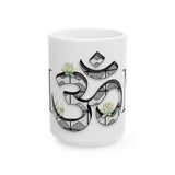 White Lotus M'Om Mug – Om Symbol with Hand-Drawn Lotus Flowers and Custom Abstract Himalayan Pattern Designs