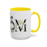 White Lotus M'Om Accent Mug – Om Symbol with Hand-Drawn Lotus Flowers and Custom Abstract Himalayan Pattern Designs