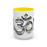 White Lotus M'Om Accent Mug – Om Symbol with Hand-Drawn Lotus Flowers and Custom Abstract Himalayan Pattern Designs