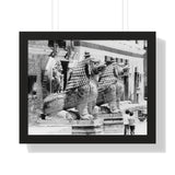 Giant Stone Lion Statues Watching Over Kids -Patan Nepal, Durbar Square - Framed Photo Print
