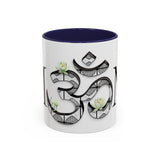 White Lotus M'Om Accent Mug – Om Symbol with Hand-Drawn Lotus Flowers and Custom Abstract Himalayan Pattern Designs