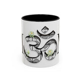 White Lotus M'Om Accent Mug – Om Symbol with Hand-Drawn Lotus Flowers and Custom Abstract Himalayan Pattern Designs
