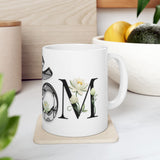 White Lotus M'Om Mug – Om Symbol with Hand-Drawn Lotus Flowers and Custom Abstract Himalayan Pattern Designs