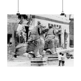 Giant Stone Lion Statues Watching Over Kids -Patan Nepal, Durbar Square - Premium Poster Print