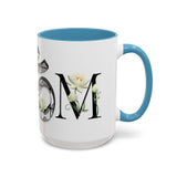 White Lotus M'Om Accent Mug – Om Symbol with Hand-Drawn Lotus Flowers and Custom Abstract Himalayan Pattern Designs