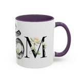 White Lotus M'Om Accent Mug – Om Symbol with Hand-Drawn Lotus Flowers and Custom Abstract Himalayan Pattern Designs