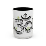 White Lotus M'Om Accent Mug – Om Symbol with Hand-Drawn Lotus Flowers and Custom Abstract Himalayan Pattern Designs