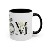 White Lotus M'Om Accent Mug – Om Symbol with Hand-Drawn Lotus Flowers and Custom Abstract Himalayan Pattern Designs