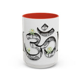 White Lotus M'Om Accent Mug – Om Symbol with Hand-Drawn Lotus Flowers and Custom Abstract Himalayan Pattern Designs