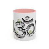 White Lotus M'Om Accent Mug – Om Symbol with Hand-Drawn Lotus Flowers and Custom Abstract Himalayan Pattern Designs