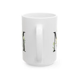 White Lotus M'Om Mug – Om Symbol with Hand-Drawn Lotus Flowers and Custom Abstract Himalayan Pattern Designs