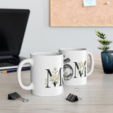 White Lotus M'Om Mug – Om Symbol with Hand-Drawn Lotus Flowers and Custom Abstract Himalayan Pattern Designs