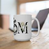 White Lotus M'Om Mug – Om Symbol with Hand-Drawn Lotus Flowers and Custom Abstract Himalayan Pattern Designs