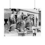 Giant Stone Lion Statues Watching Over Kids -Patan Nepal, Durbar Square - Premium Poster Print