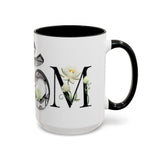 White Lotus M'Om Accent Mug – Om Symbol with Hand-Drawn Lotus Flowers and Custom Abstract Himalayan Pattern Designs