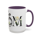 White Lotus M'Om Accent Mug – Om Symbol with Hand-Drawn Lotus Flowers and Custom Abstract Himalayan Pattern Designs