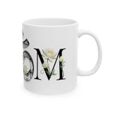 White Lotus M'Om Mug – Om Symbol with Hand-Drawn Lotus Flowers and Custom Abstract Himalayan Pattern Designs