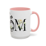 White Lotus M'Om Accent Mug – Om Symbol with Hand-Drawn Lotus Flowers and Custom Abstract Himalayan Pattern Designs