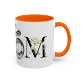 White Lotus M'Om Accent Mug – Om Symbol with Hand-Drawn Lotus Flowers and Custom Abstract Himalayan Pattern Designs