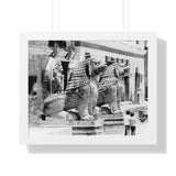 Giant Stone Lion Statues Watching Over Kids -Patan Nepal, Durbar Square - Framed Photo Print