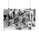 Giant Stone Lion Statues Watching Over Kids -Patan Nepal, Durbar Square - Premium Poster Print