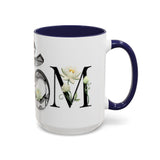 White Lotus M'Om Accent Mug – Om Symbol with Hand-Drawn Lotus Flowers and Custom Abstract Himalayan Pattern Designs