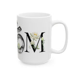 White Lotus M'Om Mug – Om Symbol with Hand-Drawn Lotus Flowers and Custom Abstract Himalayan Pattern Designs