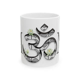 White Lotus M'Om Mug – Om Symbol with Hand-Drawn Lotus Flowers and Custom Abstract Himalayan Pattern Designs