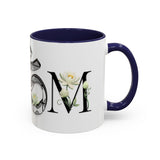 White Lotus M'Om Accent Mug – Om Symbol with Hand-Drawn Lotus Flowers and Custom Abstract Himalayan Pattern Designs