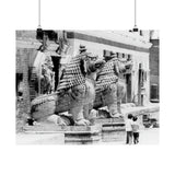 Giant Stone Lion Statues Watching Over Kids -Patan Nepal, Durbar Square - Premium Poster Print