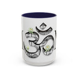 White Lotus M'Om Accent Mug – Om Symbol with Hand-Drawn Lotus Flowers and Custom Abstract Himalayan Pattern Designs