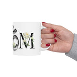 White Lotus M'Om Mug – Om Symbol with Hand-Drawn Lotus Flowers and Custom Abstract Himalayan Pattern Designs