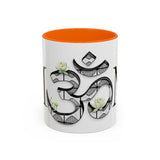 White Lotus M'Om Accent Mug – Om Symbol with Hand-Drawn Lotus Flowers and Custom Abstract Himalayan Pattern Designs