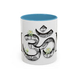 White Lotus M'Om Accent Mug – Om Symbol with Hand-Drawn Lotus Flowers and Custom Abstract Himalayan Pattern Designs