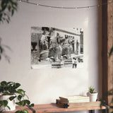 Giant Stone Lion Statues Watching Over Kids -Patan Nepal, Durbar Square - Premium Poster Print