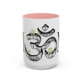 White Lotus M'Om Accent Mug – Om Symbol with Hand-Drawn Lotus Flowers and Custom Abstract Himalayan Pattern Designs