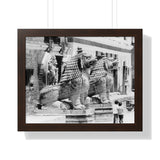 Giant Stone Lion Statues Watching Over Kids -Patan Nepal, Durbar Square - Framed Photo Print