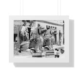 Giant Stone Lion Statues Watching Over Kids -Patan Nepal, Durbar Square - Framed Photo Print