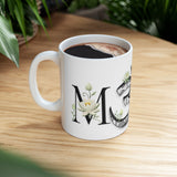 White Lotus M'Om Mug – Om Symbol with Hand-Drawn Lotus Flowers and Custom Abstract Himalayan Pattern Designs