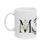 White Lotus M'Om Mug – Om Symbol with Hand-Drawn Lotus Flowers and Custom Abstract Himalayan Pattern Designs