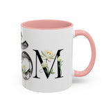 White Lotus M'Om Accent Mug – Om Symbol with Hand-Drawn Lotus Flowers and Custom Abstract Himalayan Pattern Designs
