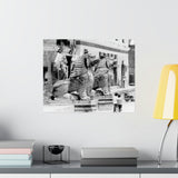 Giant Stone Lion Statues Watching Over Kids -Patan Nepal, Durbar Square - Premium Poster Print