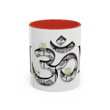 White Lotus M'Om Accent Mug – Om Symbol with Hand-Drawn Lotus Flowers and Custom Abstract Himalayan Pattern Designs