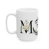 White Lotus M'Om Mug – Om Symbol with Hand-Drawn Lotus Flowers and Custom Abstract Himalayan Pattern Designs