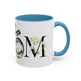 White Lotus M'Om Accent Mug – Om Symbol with Hand-Drawn Lotus Flowers and Custom Abstract Himalayan Pattern Designs