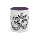 White Lotus M'Om Accent Mug – Om Symbol with Hand-Drawn Lotus Flowers and Custom Abstract Himalayan Pattern Designs