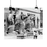 Giant Stone Lion Statues Watching Over Kids -Patan Nepal, Durbar Square - Premium Poster Print