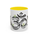 White Lotus M'Om Accent Mug – Om Symbol with Hand-Drawn Lotus Flowers and Custom Abstract Himalayan Pattern Designs